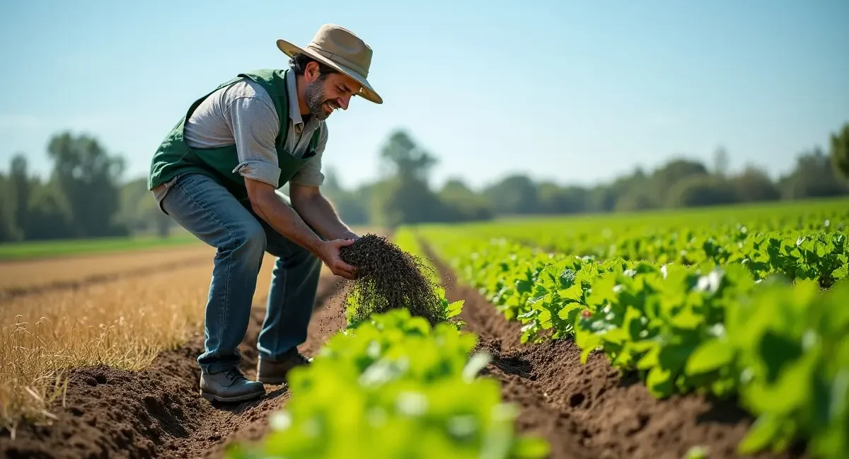 farmer using organic fertilizer to boost nutrient dense flavorful crops