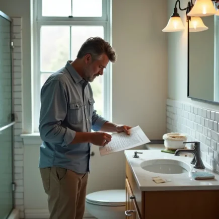 homeowner following essential steps during a complete bathroom remodeling project