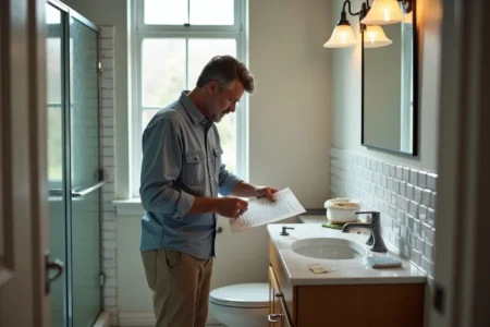 homeowner following essential steps during a complete bathroom remodeling project