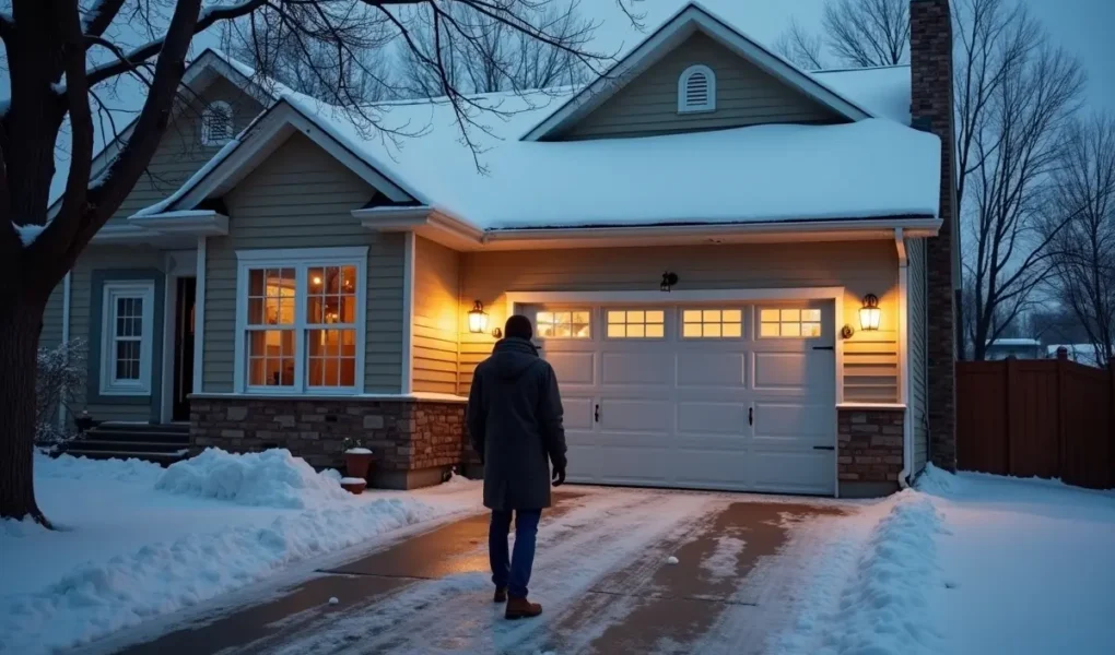 homeowner inspecting common garage door problems during cold winter weather