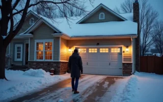 homeowner inspecting common garage door problems during cold winter weather