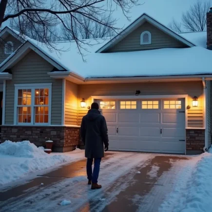 homeowner inspecting common garage door problems during cold winter weather