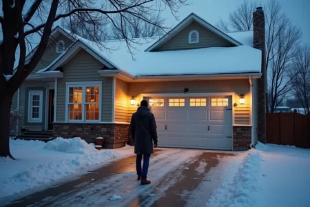 homeowner inspecting common garage door problems during cold winter weather